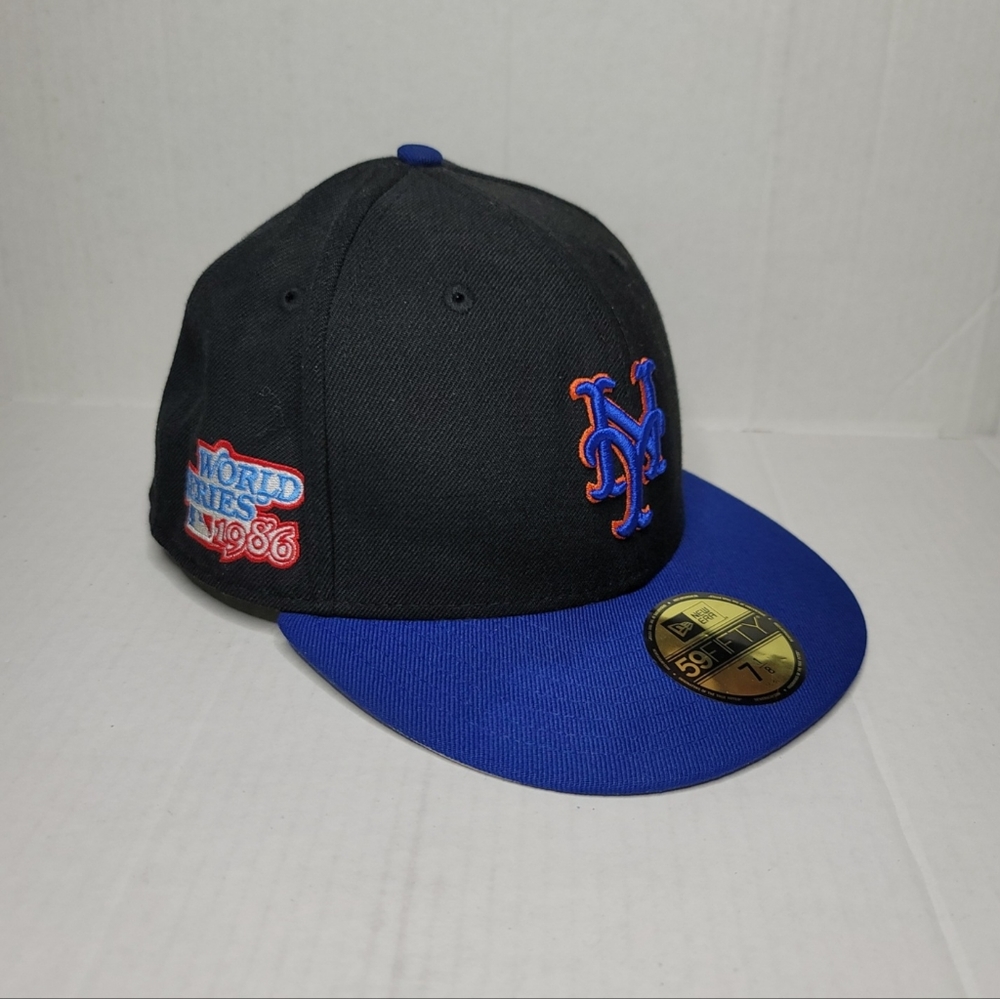 NEW ERA New York Mets 1986 World Series Patch 59Fifty Black Cap Hat 7-1/8 Fitted